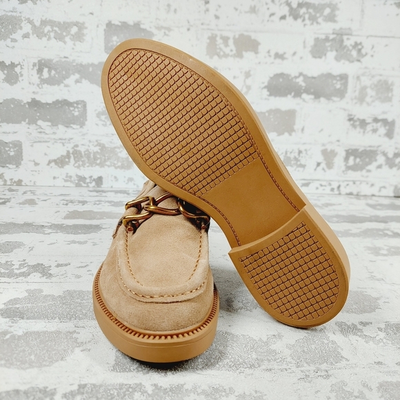 New Steve Madden Karmine Gleaming Tan Suede Goldtone Hardware Loafer W246 - Picture 7 of 9